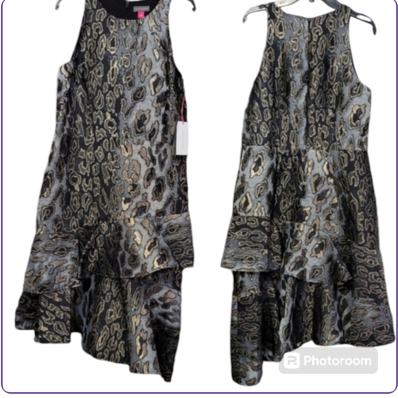 Vince Camuto Animal Print Mettalic  Asymmetrical Tierd Hem Cocktail Dress - Picture 6 of 12